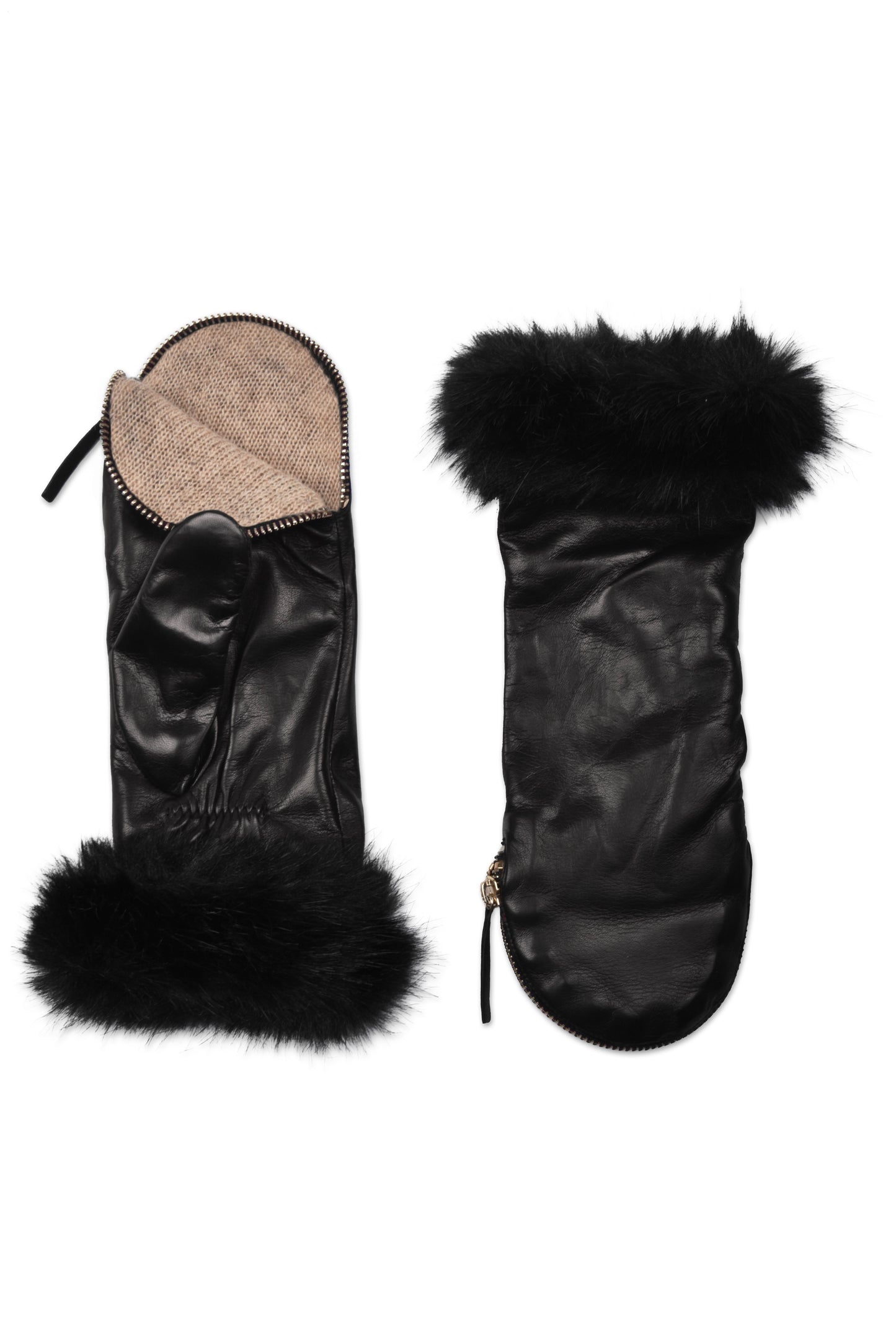 Zipper mitten faux mouton cuff in Black