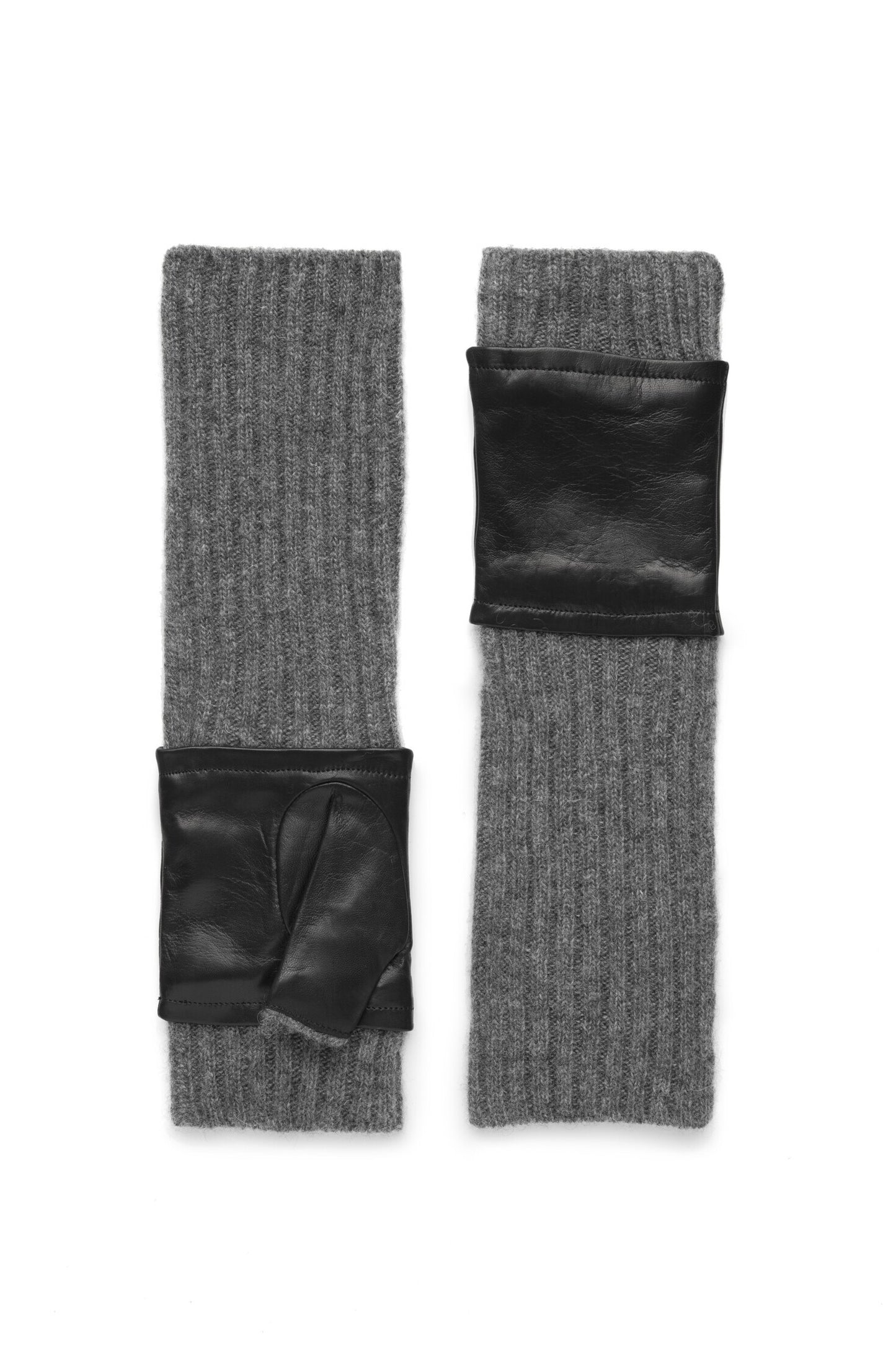 womens gray black leather and knit cashmere blend under the elbow glove