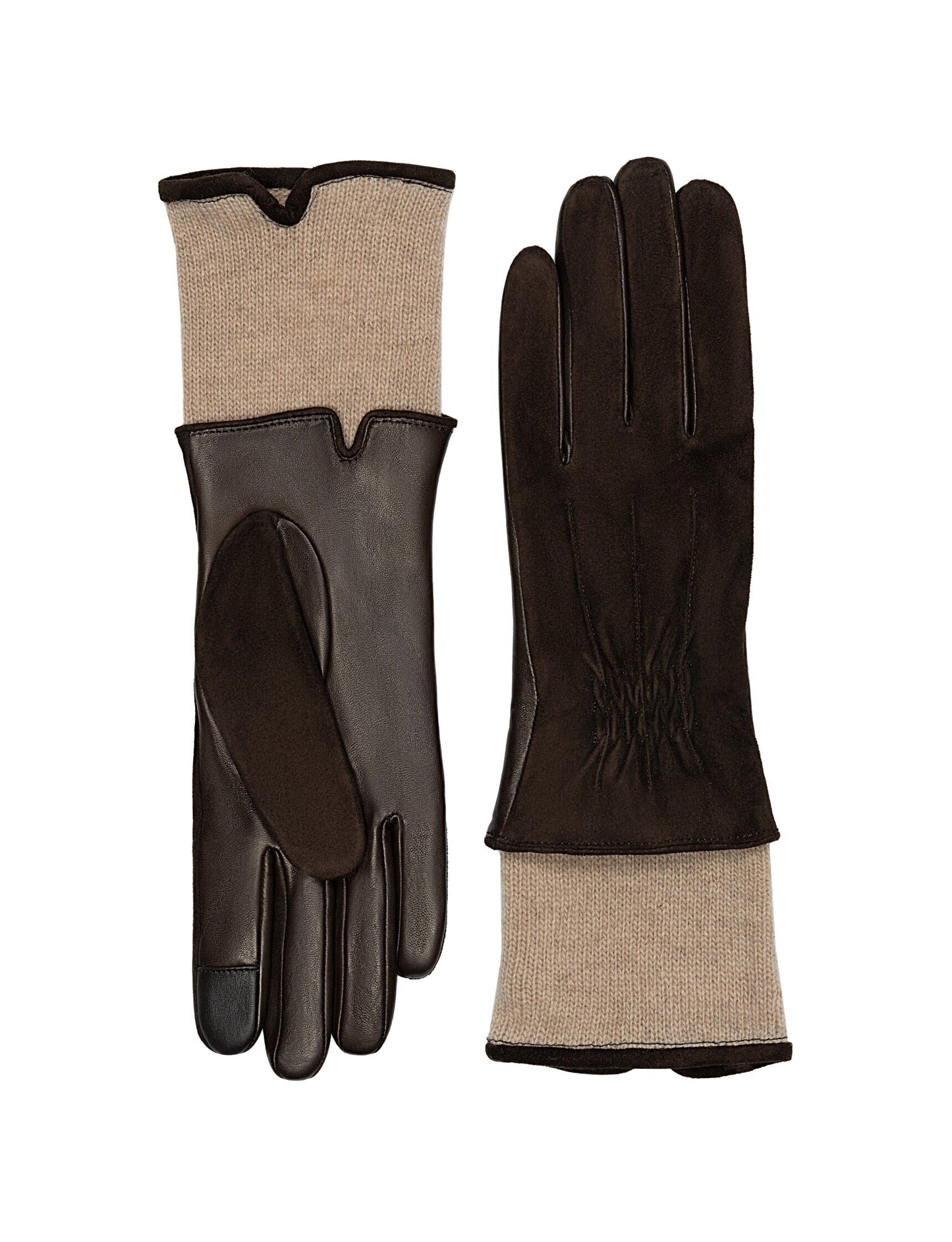 Women's suede back shirred leather palm glove in Brown