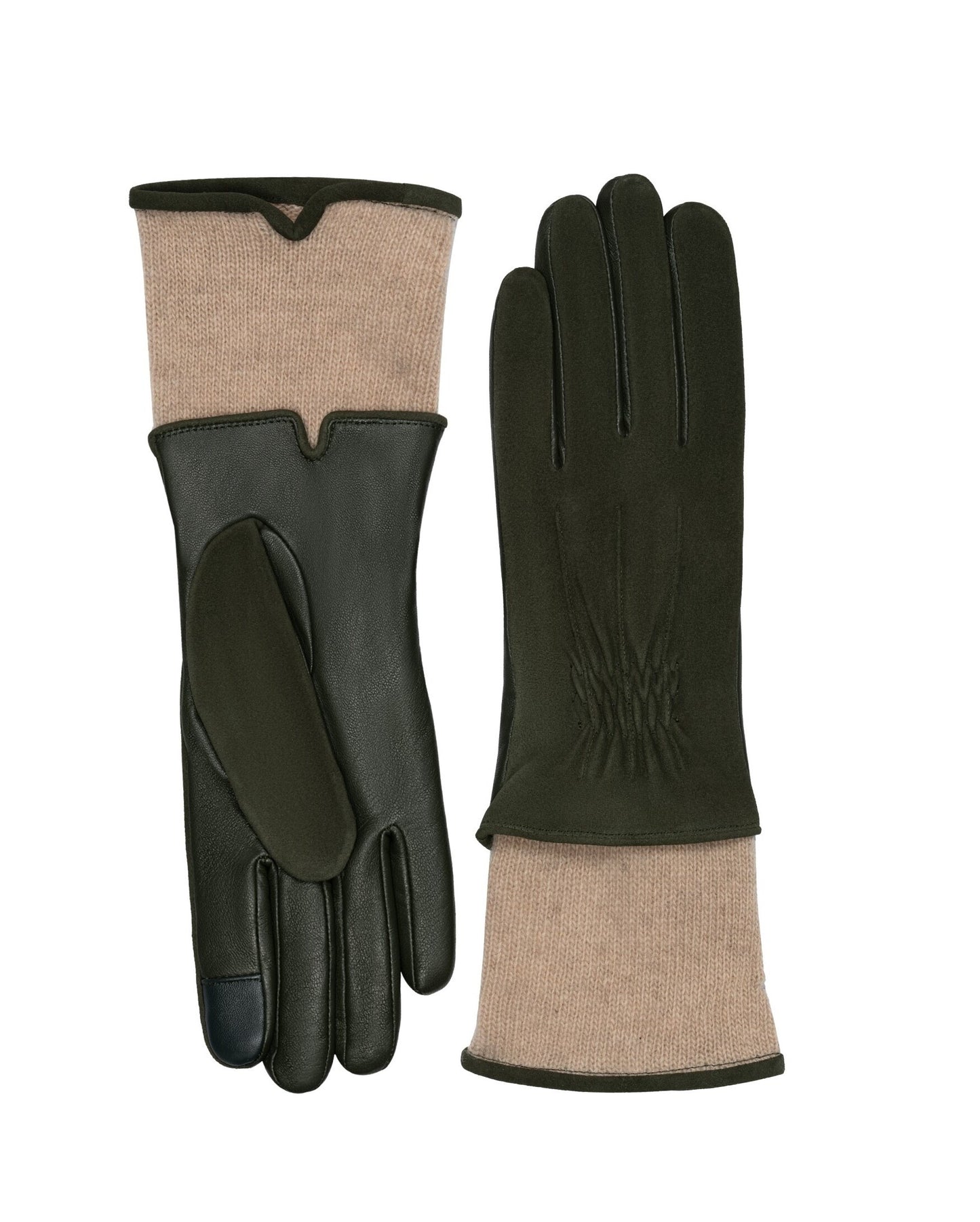 Women's suede back shirred leather palm glove in Olive