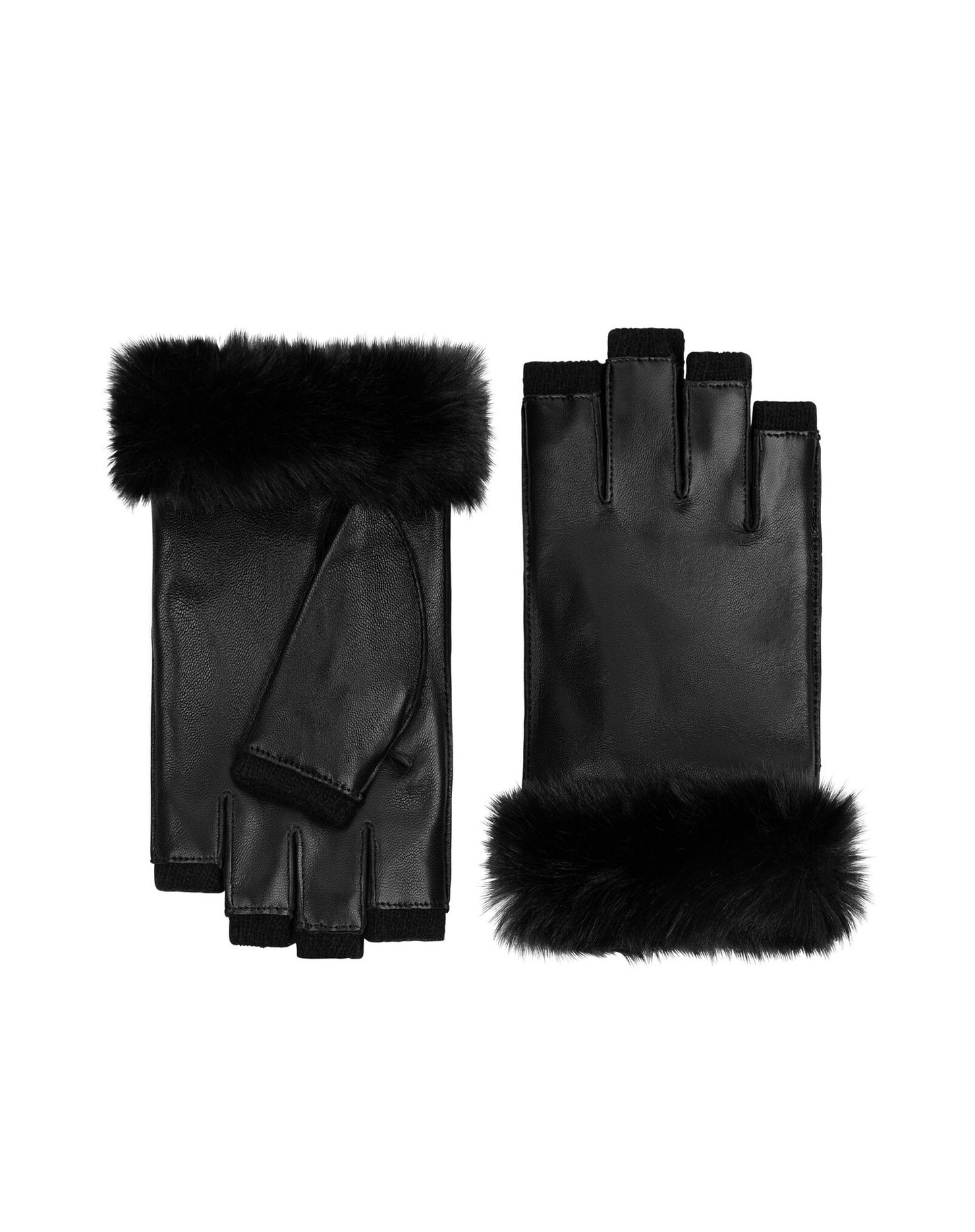 Wrist length Faux fur cuff fingerless leather glove in Black