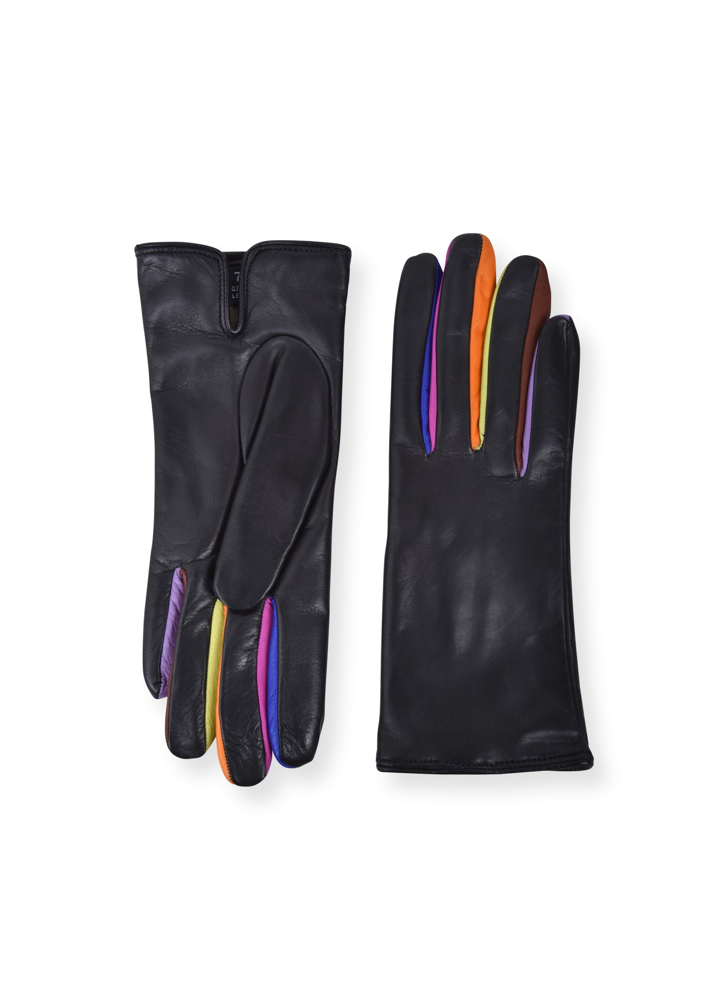 Women's wrist length black leather vent palm glove with multi color forchettes