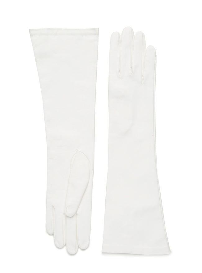 Womens white lambskin silk lined elbow length glove made in Italy