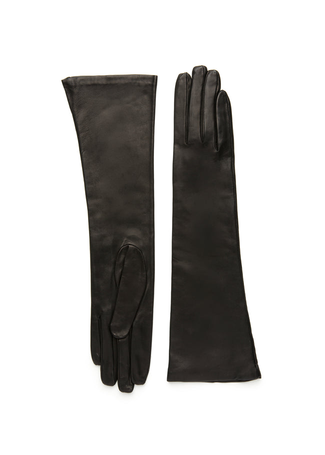 Womens black lambskin silk lined elbow length glove made in Italy