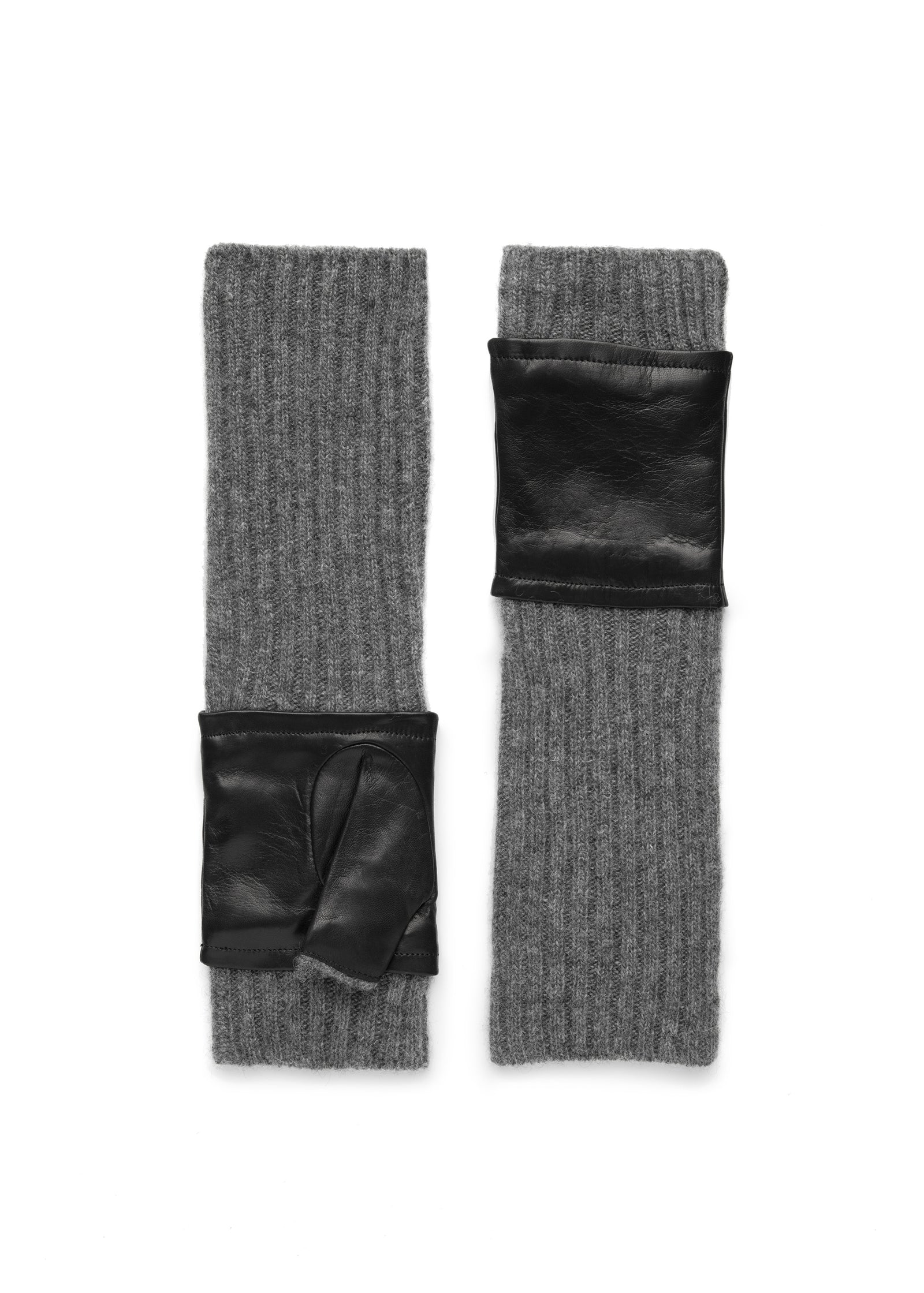 womens gray black leather and knit cashmere blend under the elbow glove