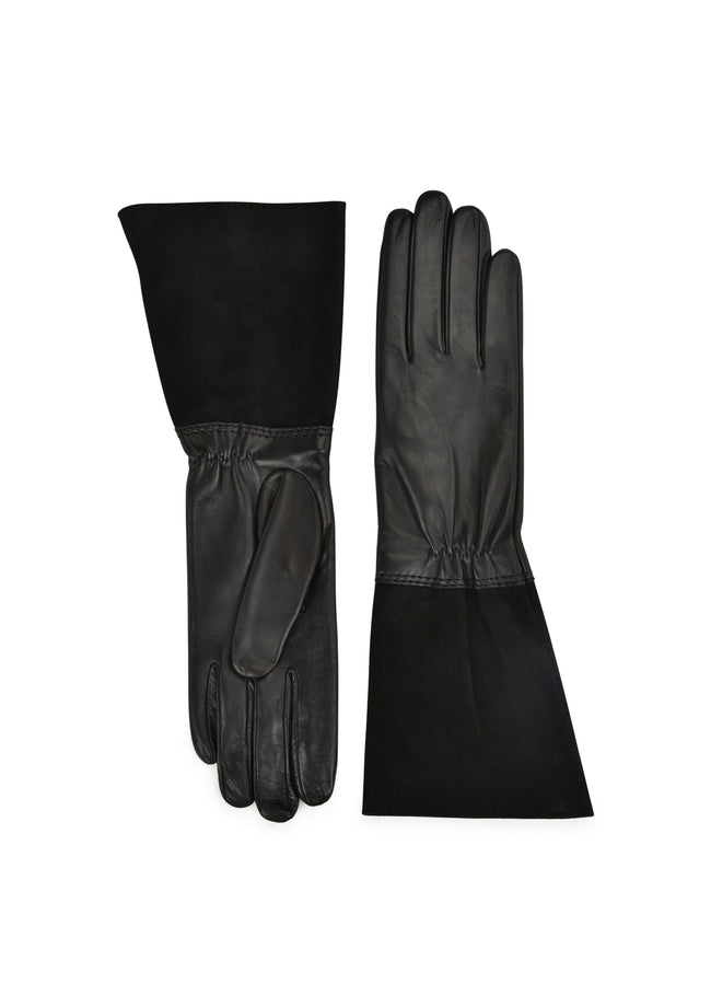 womens black lambskin / suede silk lined below elbow length glove made in Italy